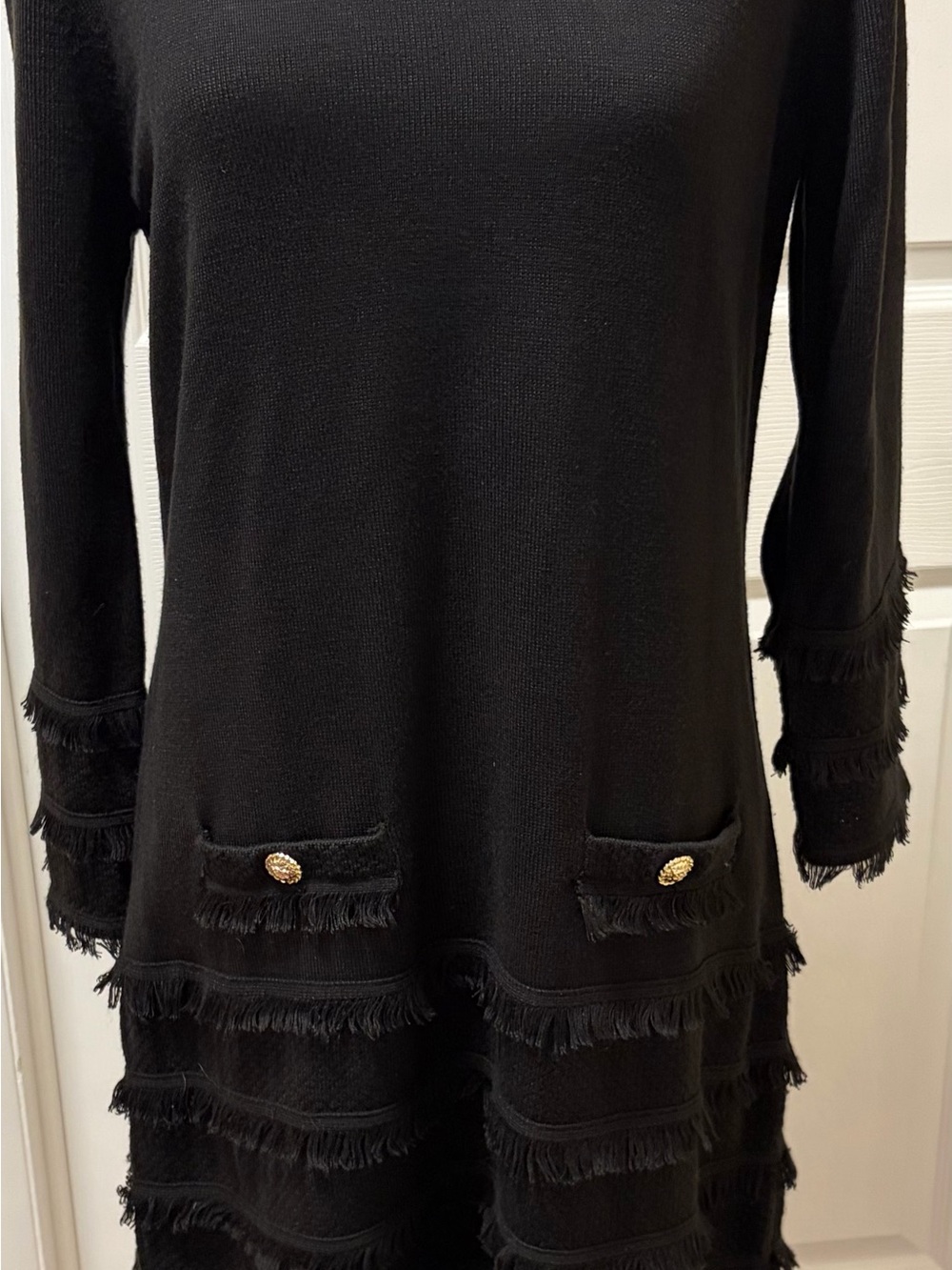 Karl Lagerfeld Black Long-Sleeve Fringe Knit Dress with Gold Buttons